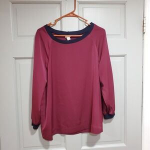 J Crew Women Long Sleeve Top Burgundy Navy Trim Raglan Pullover Size Medium